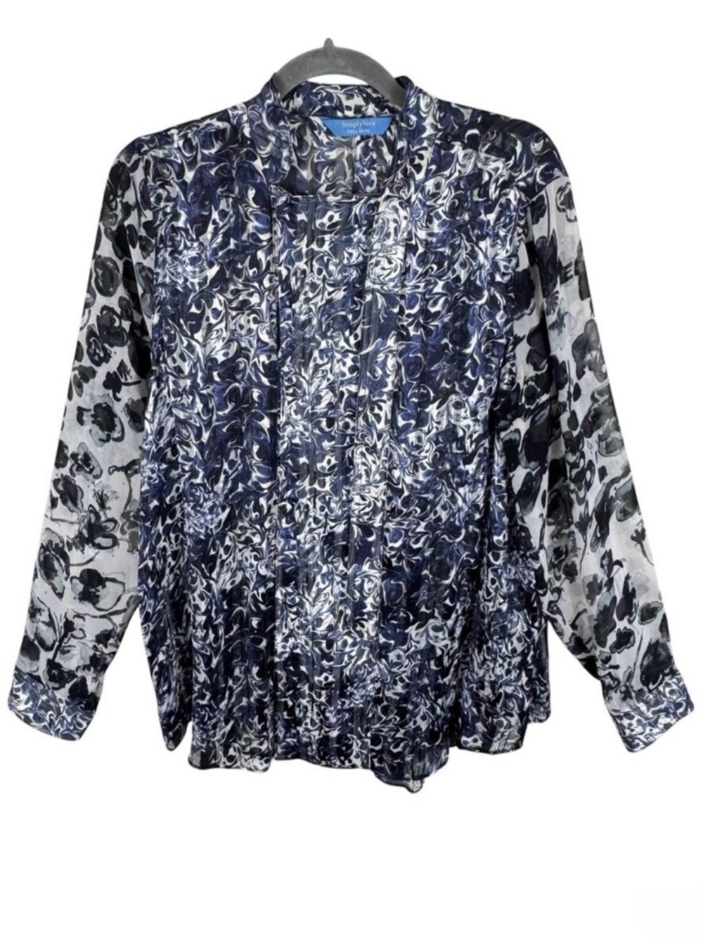 Simply Vera Vera Bradley Black Blue Sheer Snap Up Lightweight Blouse Size L
